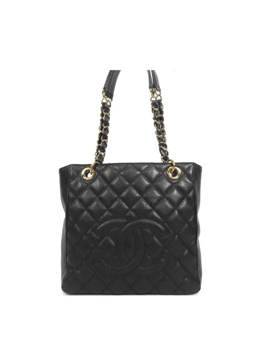 Chanel Chain Tote Bag Black Gold Caviar Leather CC Logo